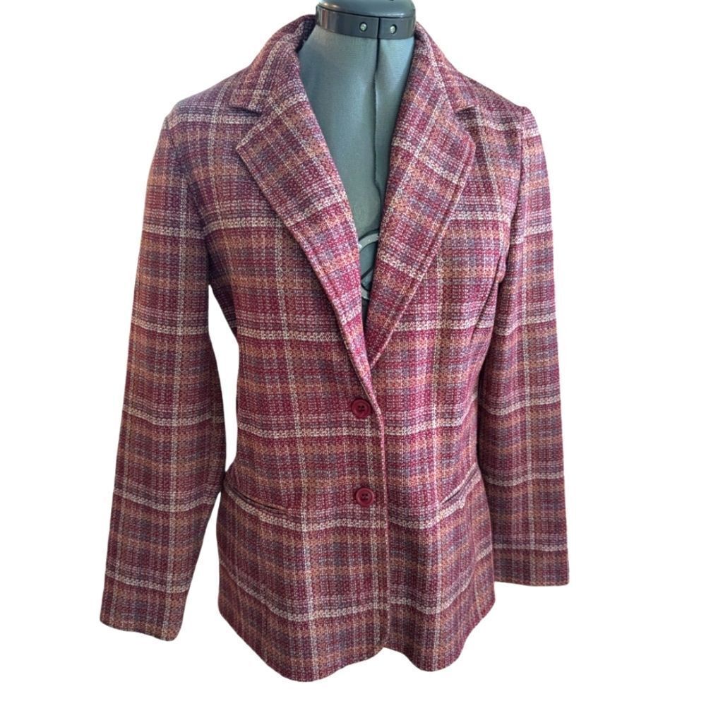 Boho vintage plaid‎ maroon women's blazer jacket